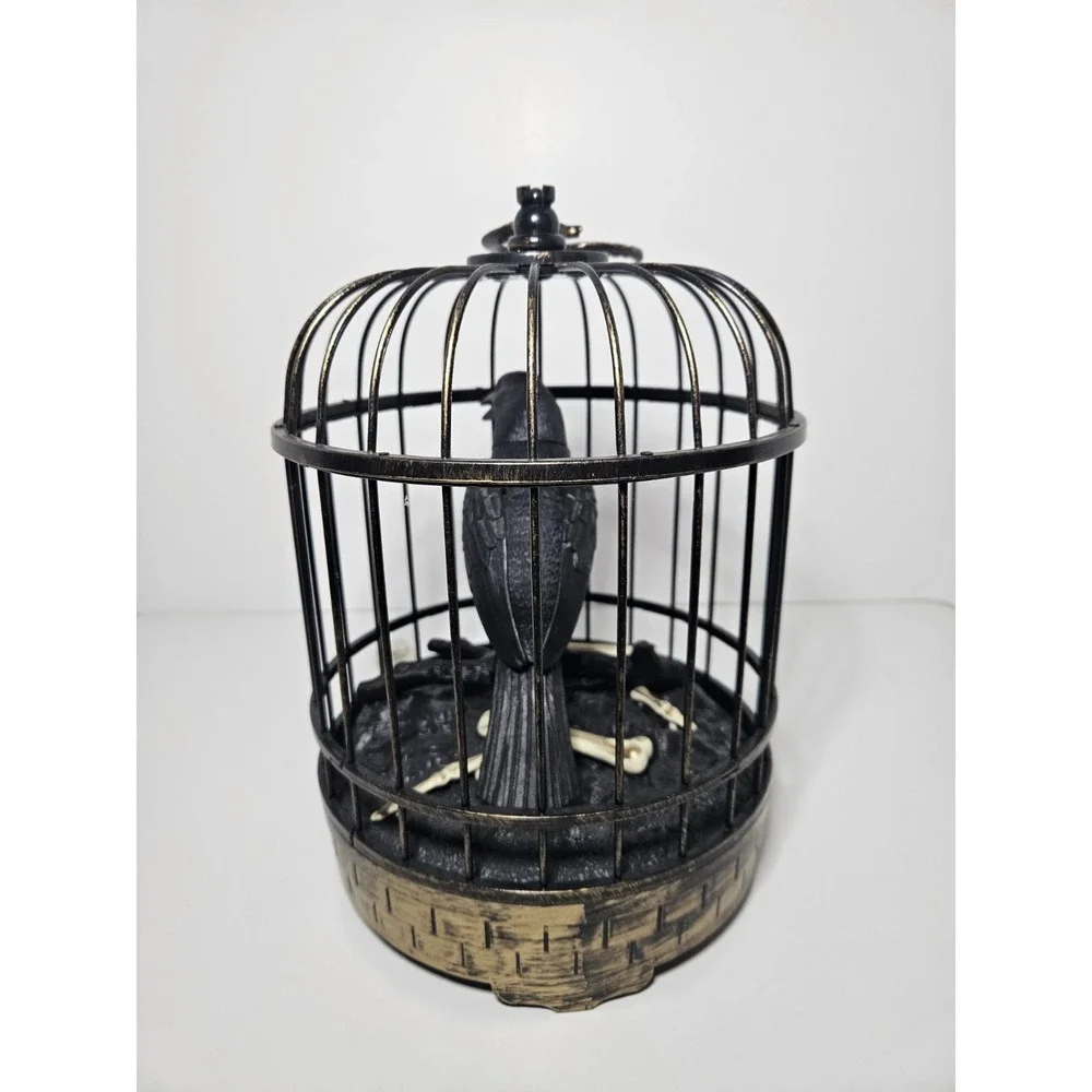 Talking Raven Crow Bird Cage Halloween Prop Decor Home Accents Holiday Animated